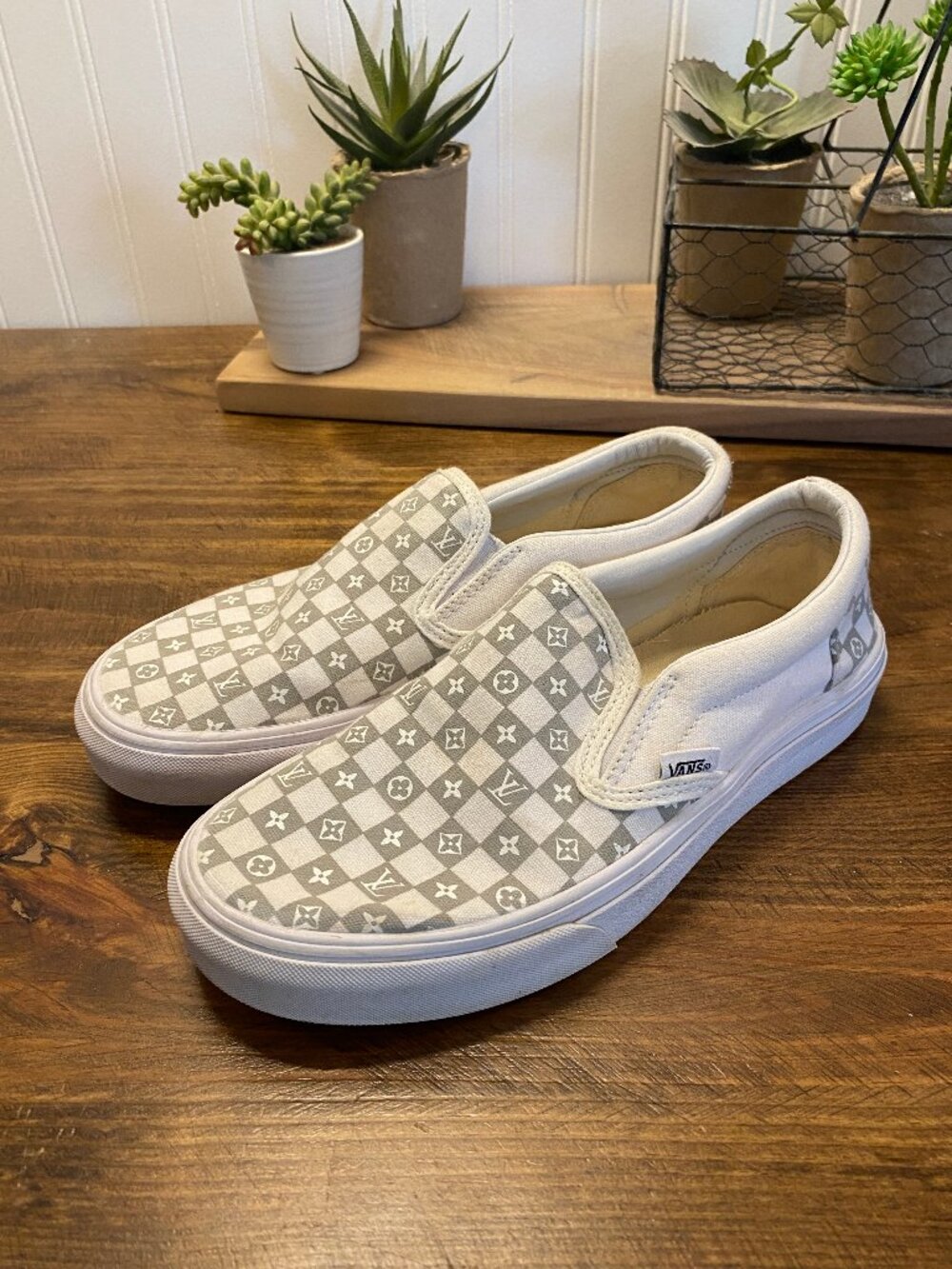Vans - Classic Slip-On Custom Gray and White Checkerboard Shoes - Women Size 7.5